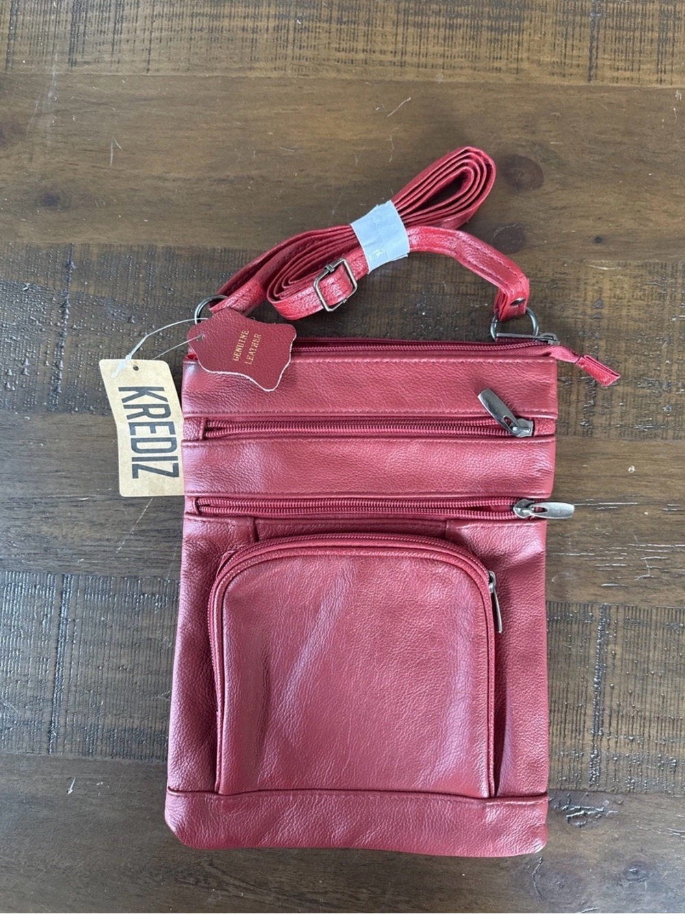 NWT Burgundy Krediz Genuine Leather Crossbody Bag with Zipper Pockets